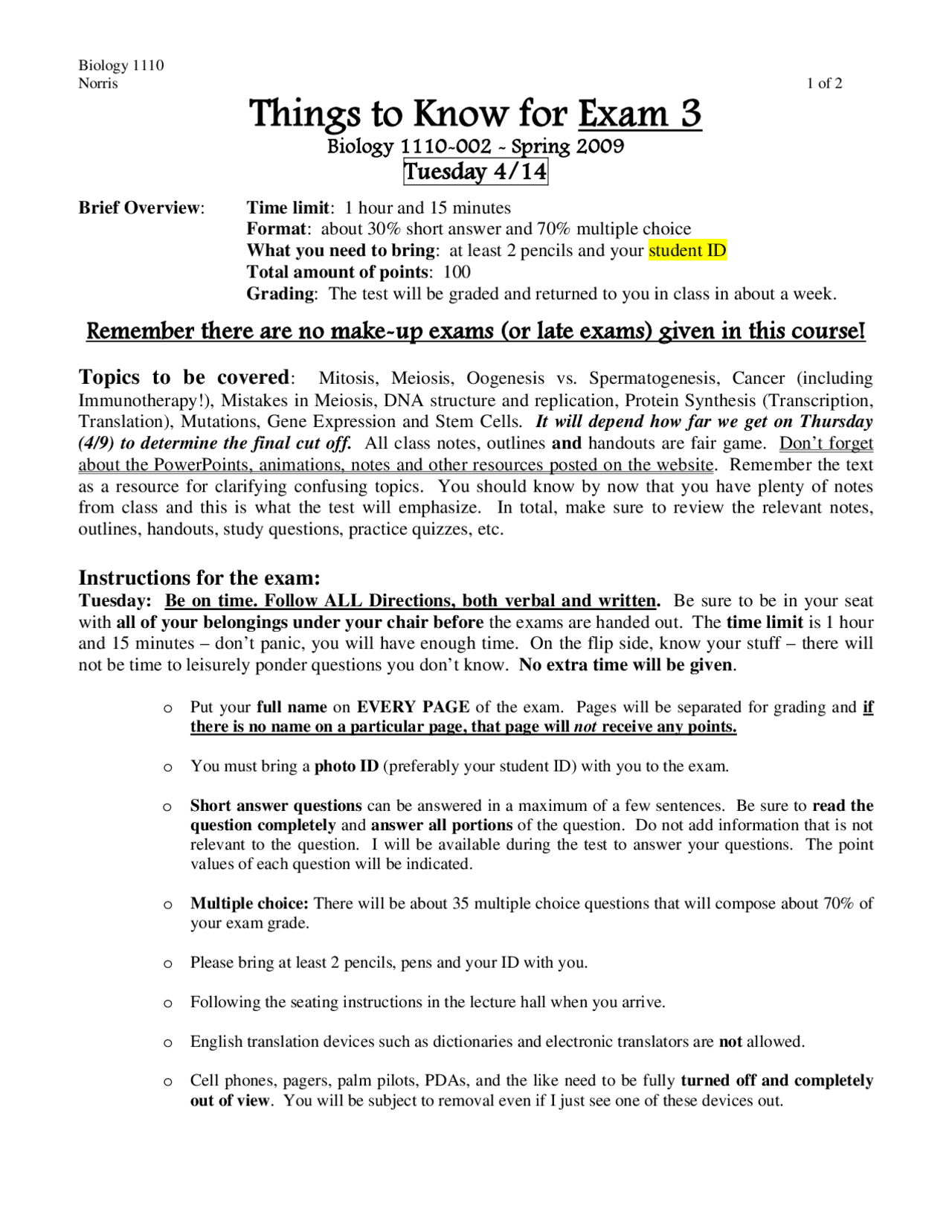 Exam 3 - Principles of Biology I | BIOL 1110 - Docsity