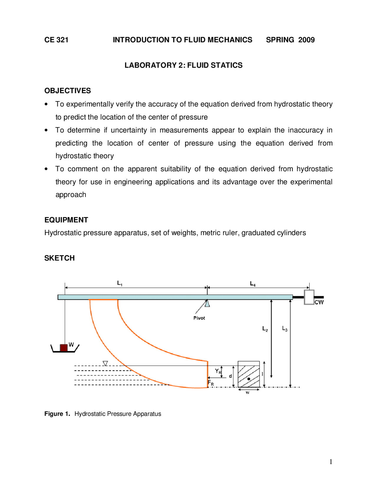 Fluid Statics - Lab #2 - Introduction to Fluid Mechanic | CE 321 - Docsity