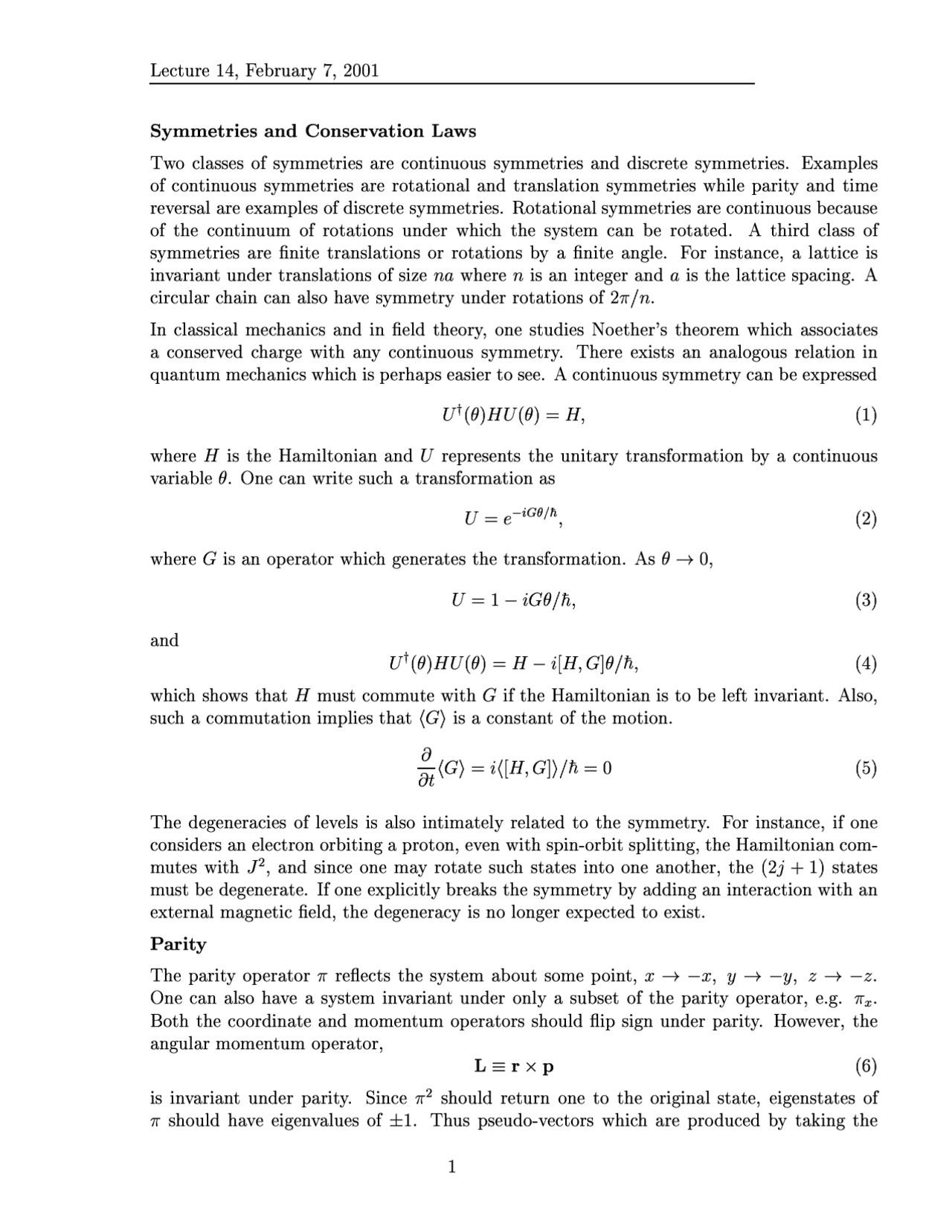 Notes On Symmetries And Conservation Laws Quantum Mechanics I Phy 851 Docsity Notes On Symmetries And Conservation Laws Quantum Mechanics I Phy 851 Docsity