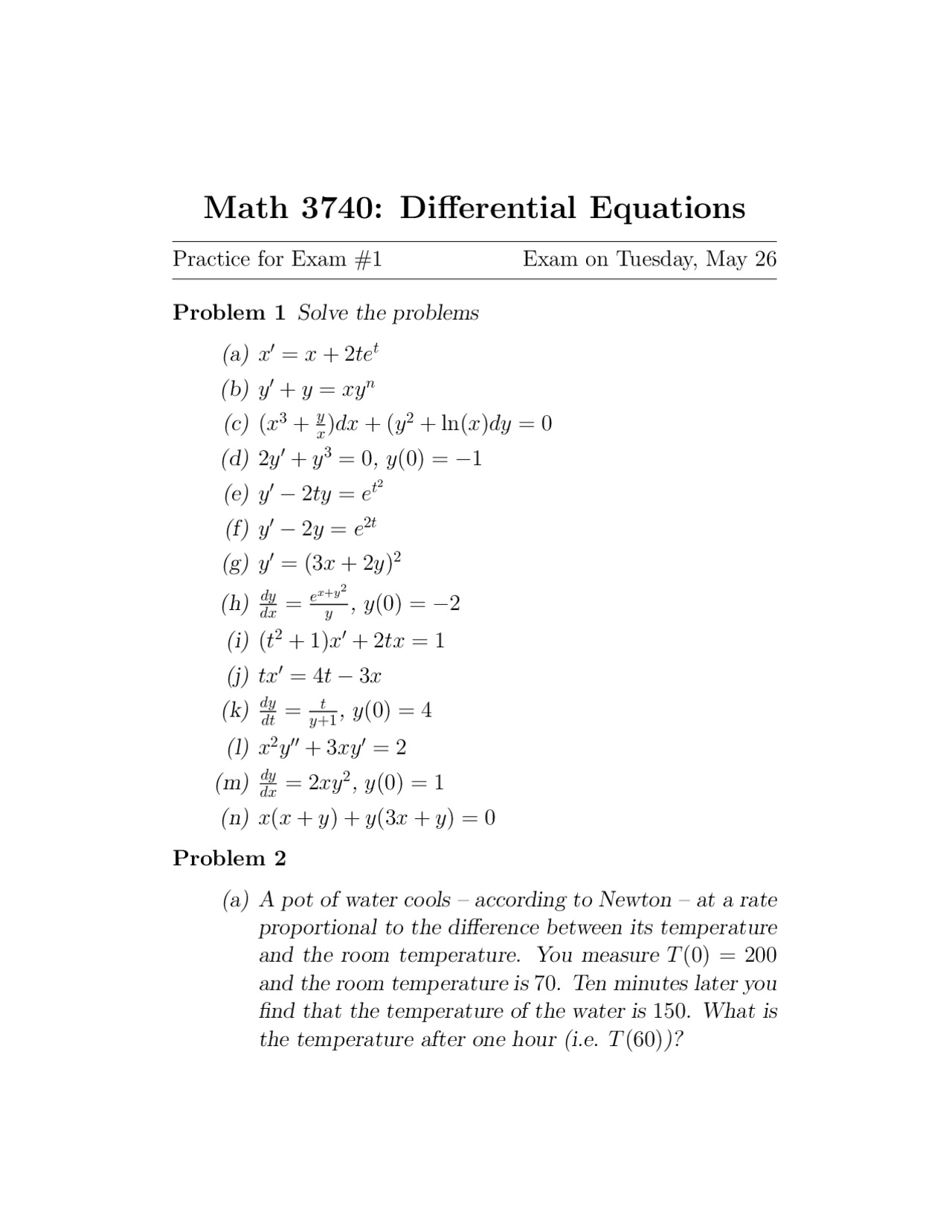 Differential Equations Linear Algebra - Practice for Exam 1 Problems ...