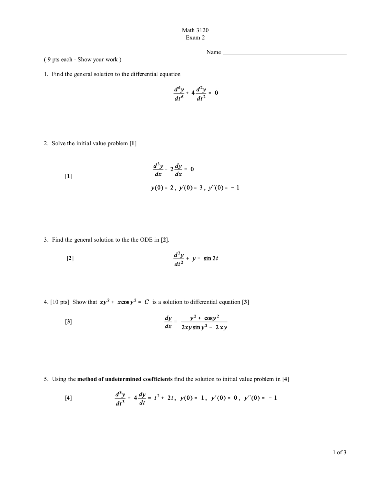 11 Questions On Differential Equations - Exam 2 | Math 3120 - Docsity