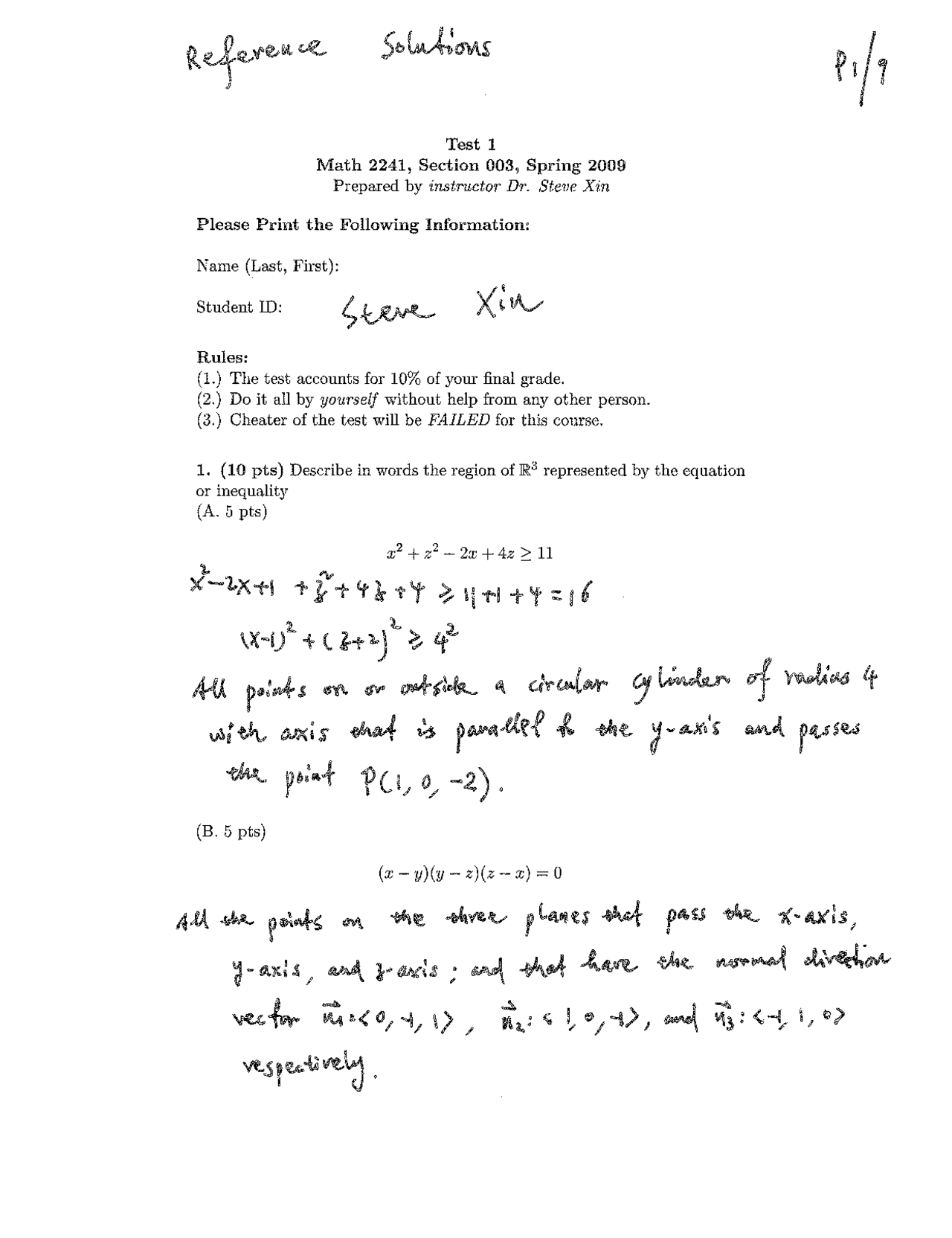 Test 1 with Solution Spring 2009 - Calculus III | MATH 2241 - Docsity