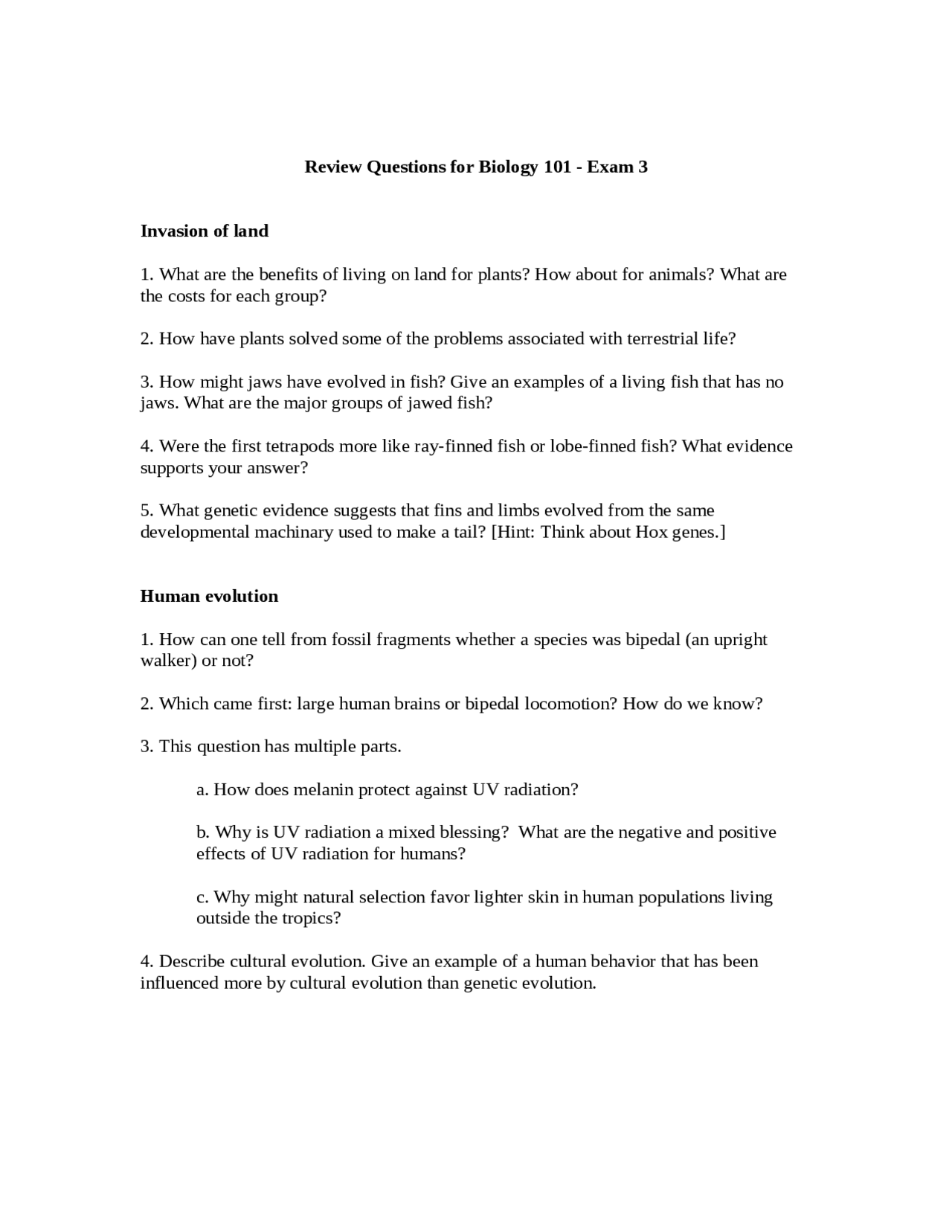 Review Questions for Exam 3 - Principles of Biology I | BIO 101 - Docsity