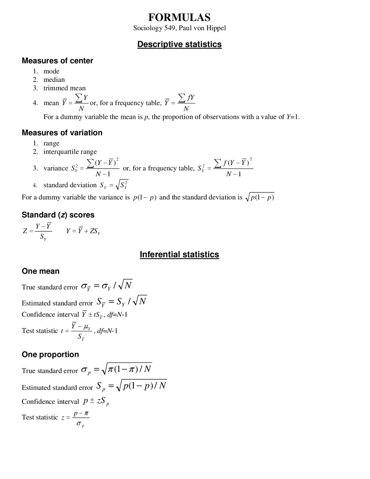 Formulas on Quantitative Research Methods in Sociology | SOCIOL 549 ...