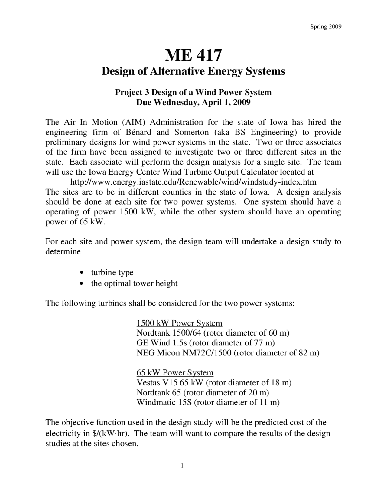 Design of Wind Power System - Project 3 Report | ME 417 - Docsity