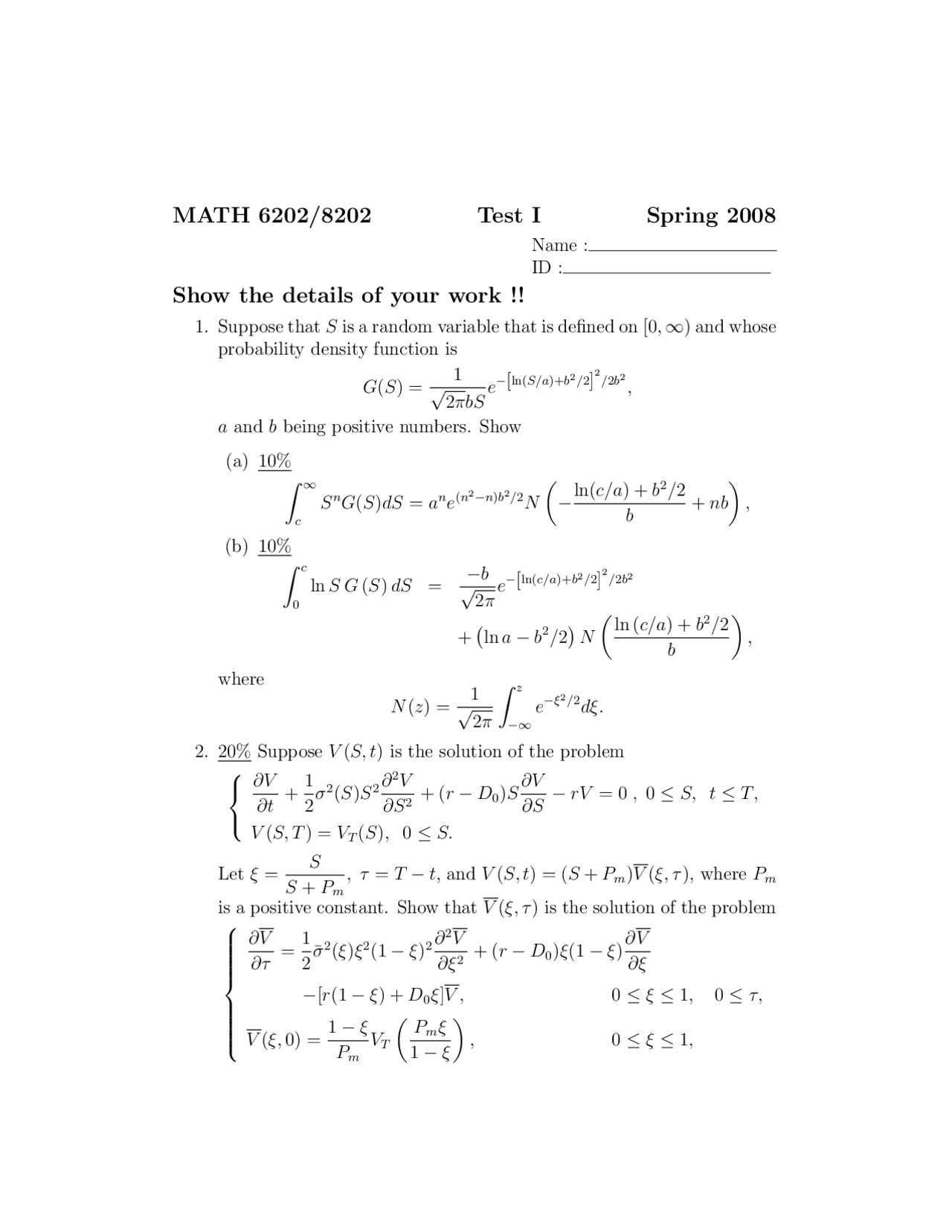 Solution for Exam 1 Partial Differential Equation Finance MATH 6202