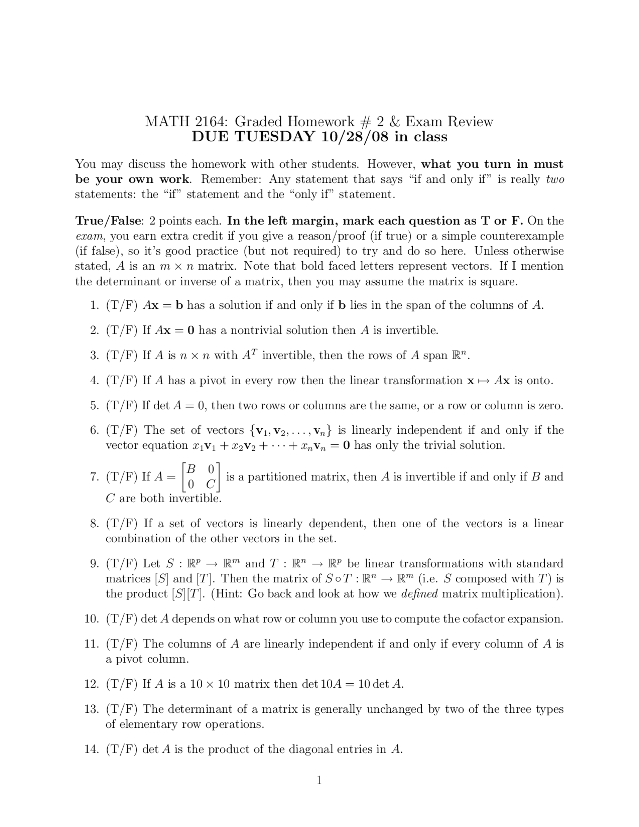 26 Questions on Matrices and Linear Algebra - Homework 2 | MATH 2164 ...