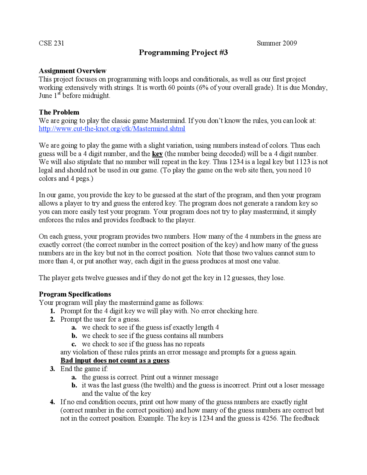 Programming Project 3 - Introduction to Programming I | CSE 231 - Docsity