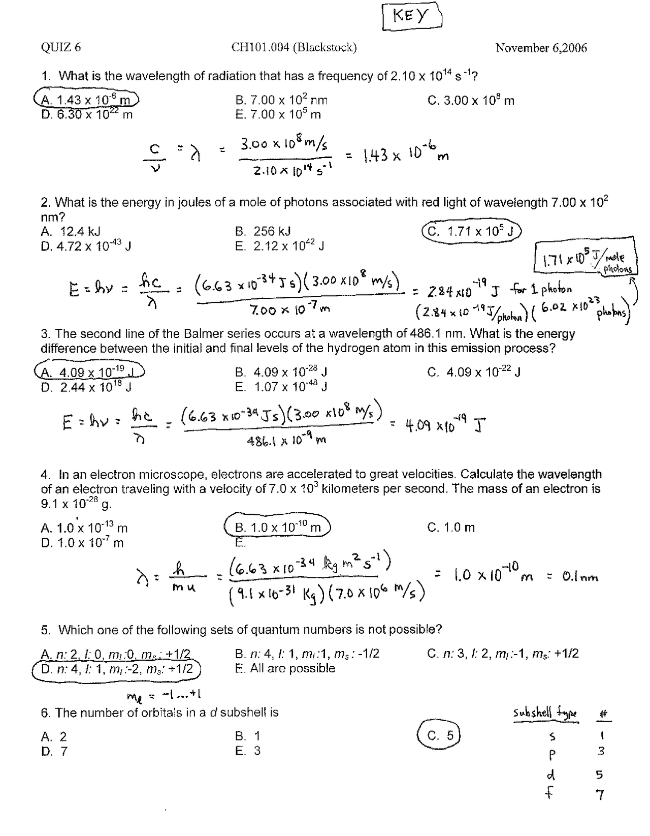 General Chemistry - Quiz 6 with Solutions | CH 101 - Docsity