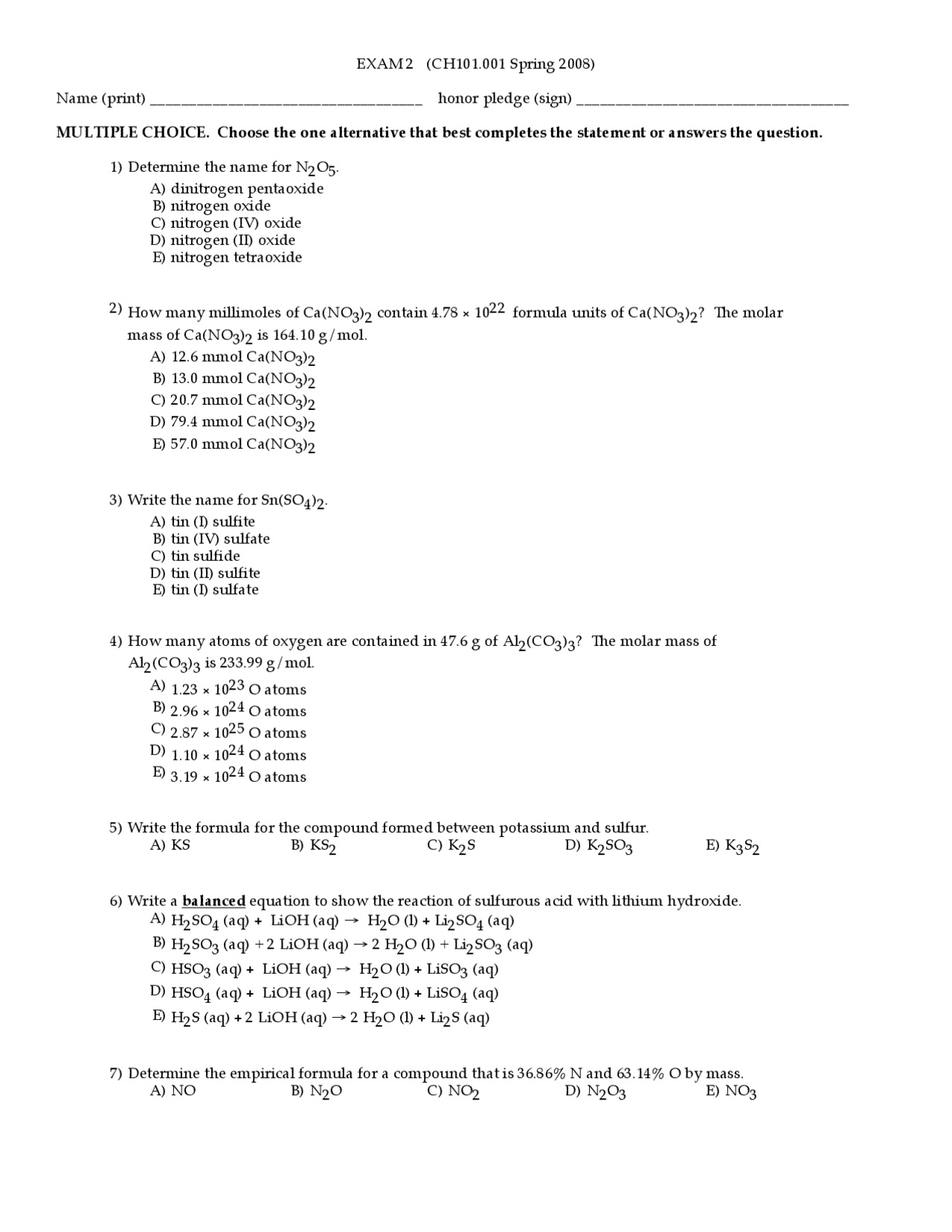 28 MCQs on General Chemistry - Examination 2 | CH 101 - Docsity