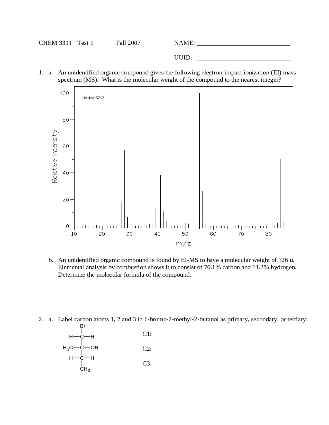Test 1 Questions - General Organic Chemistry I | CHEM 3311 - Docsity