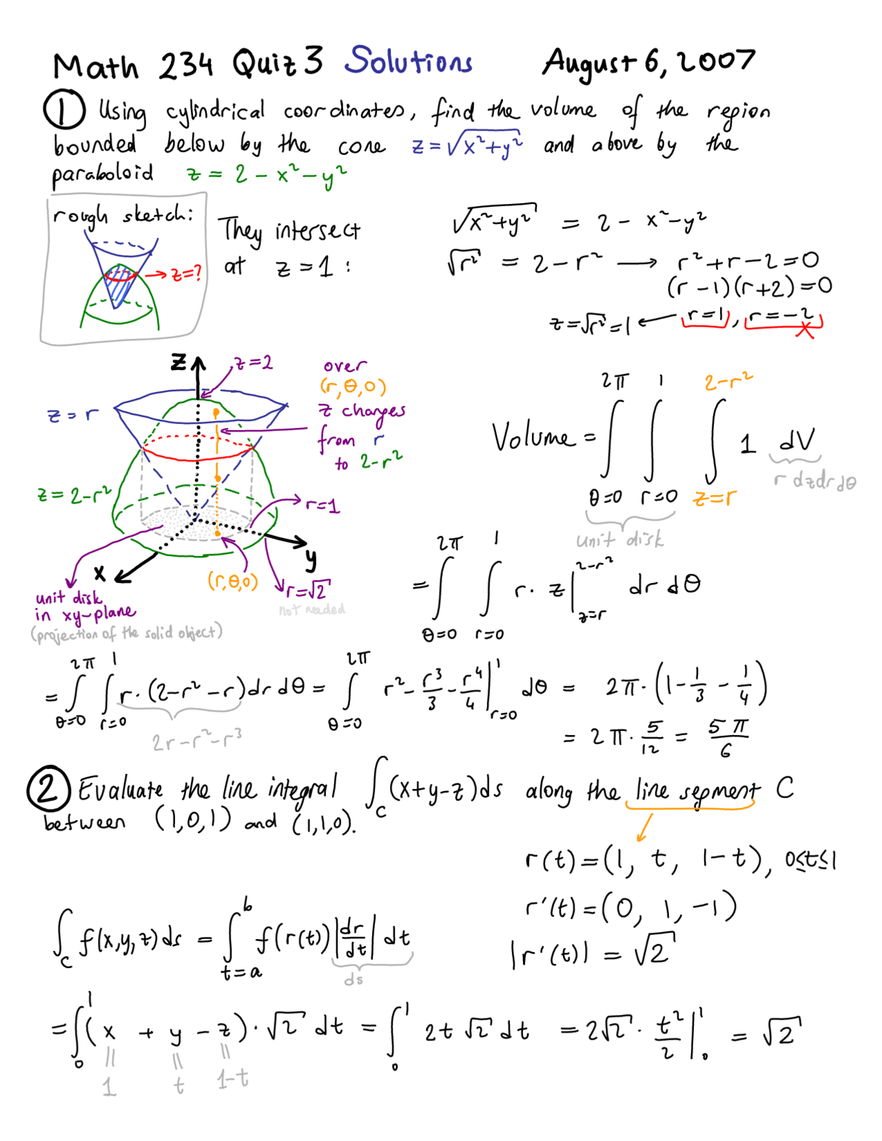 Multivariable Calculus Quiz 3 Handwritten Solutions | Summer 2007 | MTH ...