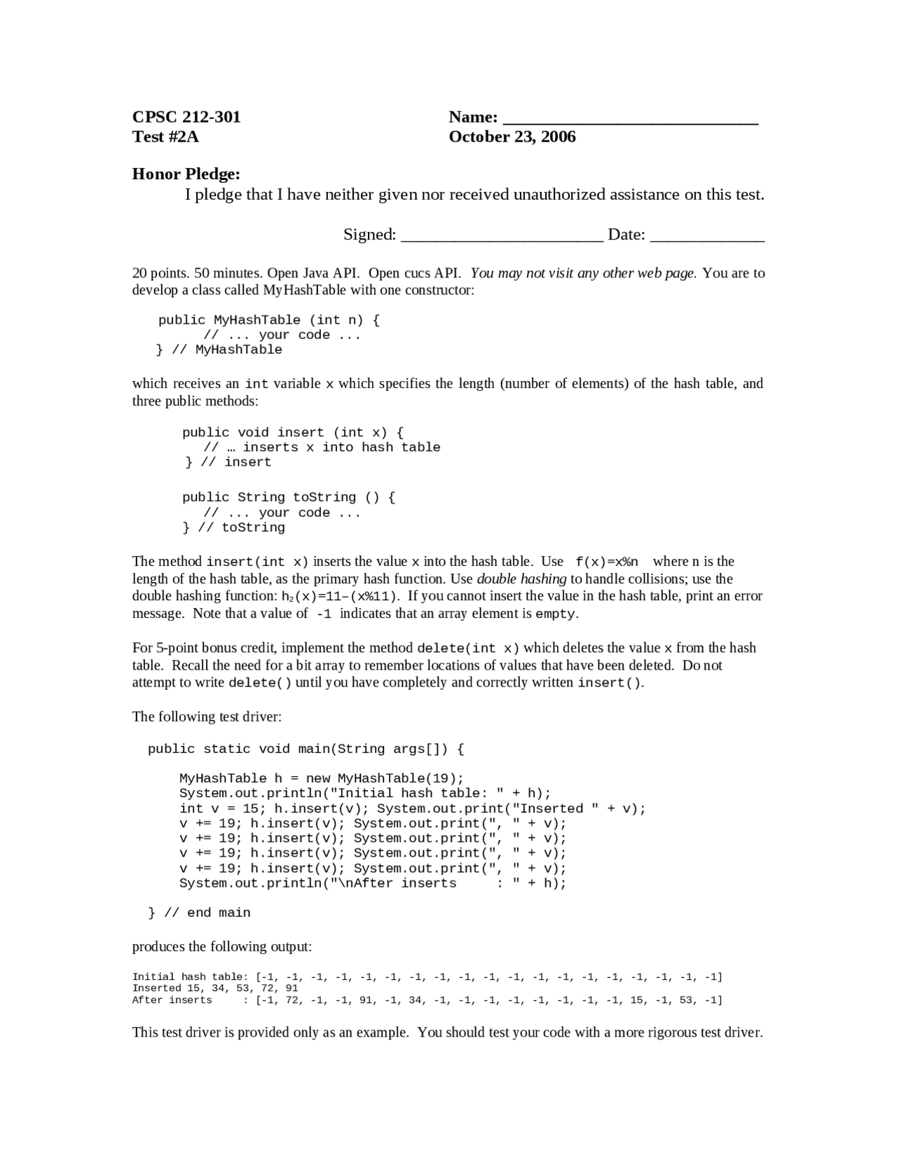 Practice Test 2A - Algorithms in Data Structures | CP SC 212 - Docsity