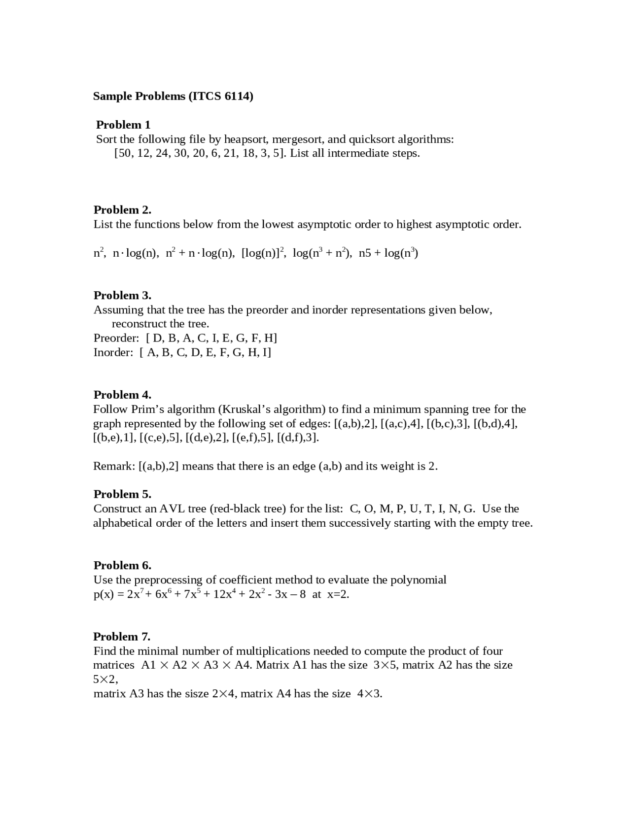 Data Structures Problems Algorithm and Data Structures - Sample Problems | ITCS 6114 - Docsity