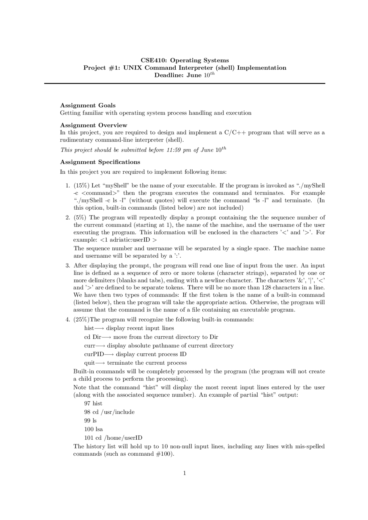 CSE410 Operating Systems Project: UNIX Command Interpreter (Shell ...