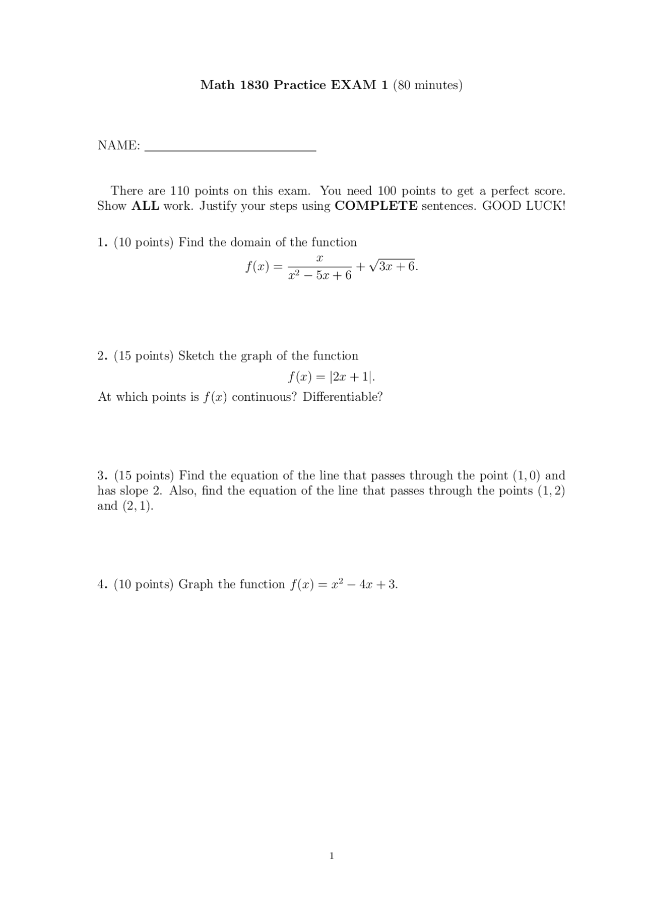1890 Math Test Examples Practice Exam 1 - Elementary Calculus | MATH 1830 - Docsity