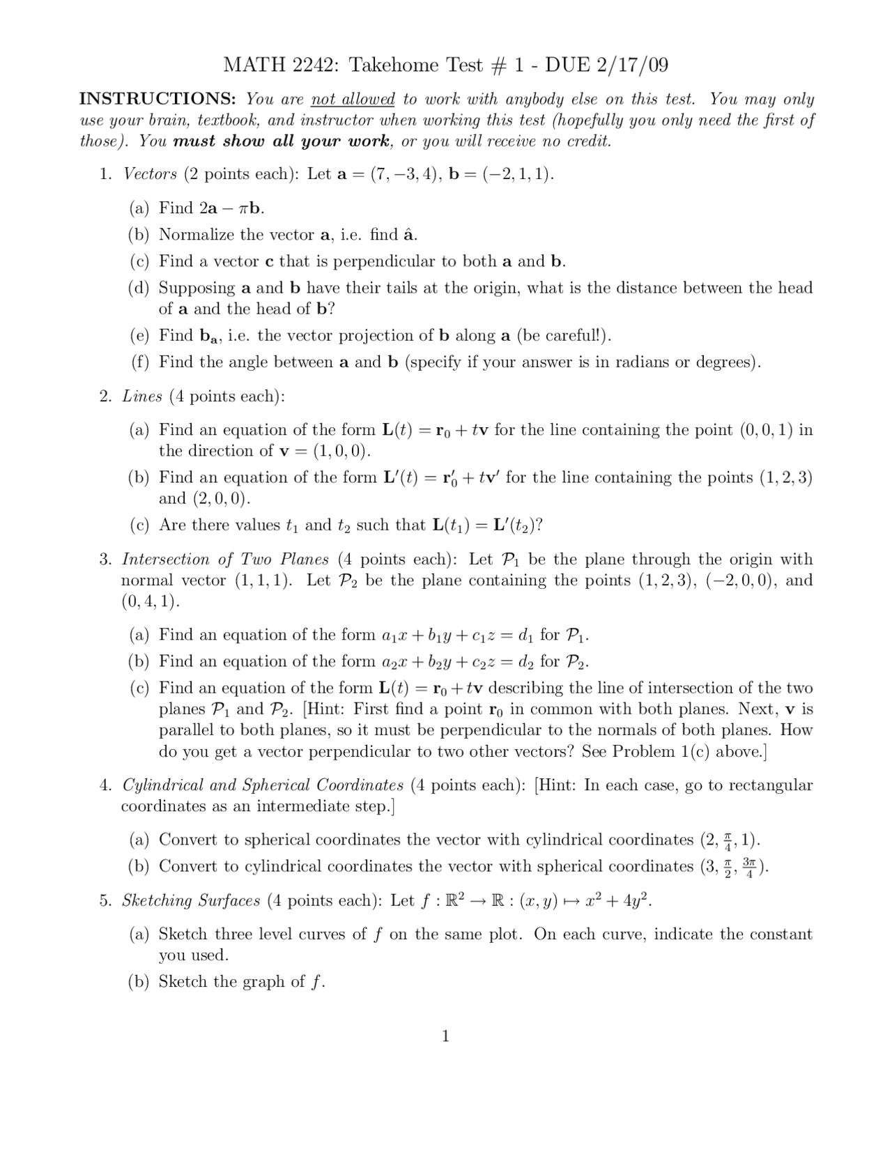 Test #1 Questions to Solve - Calculus IV | MATH 2242 - Docsity