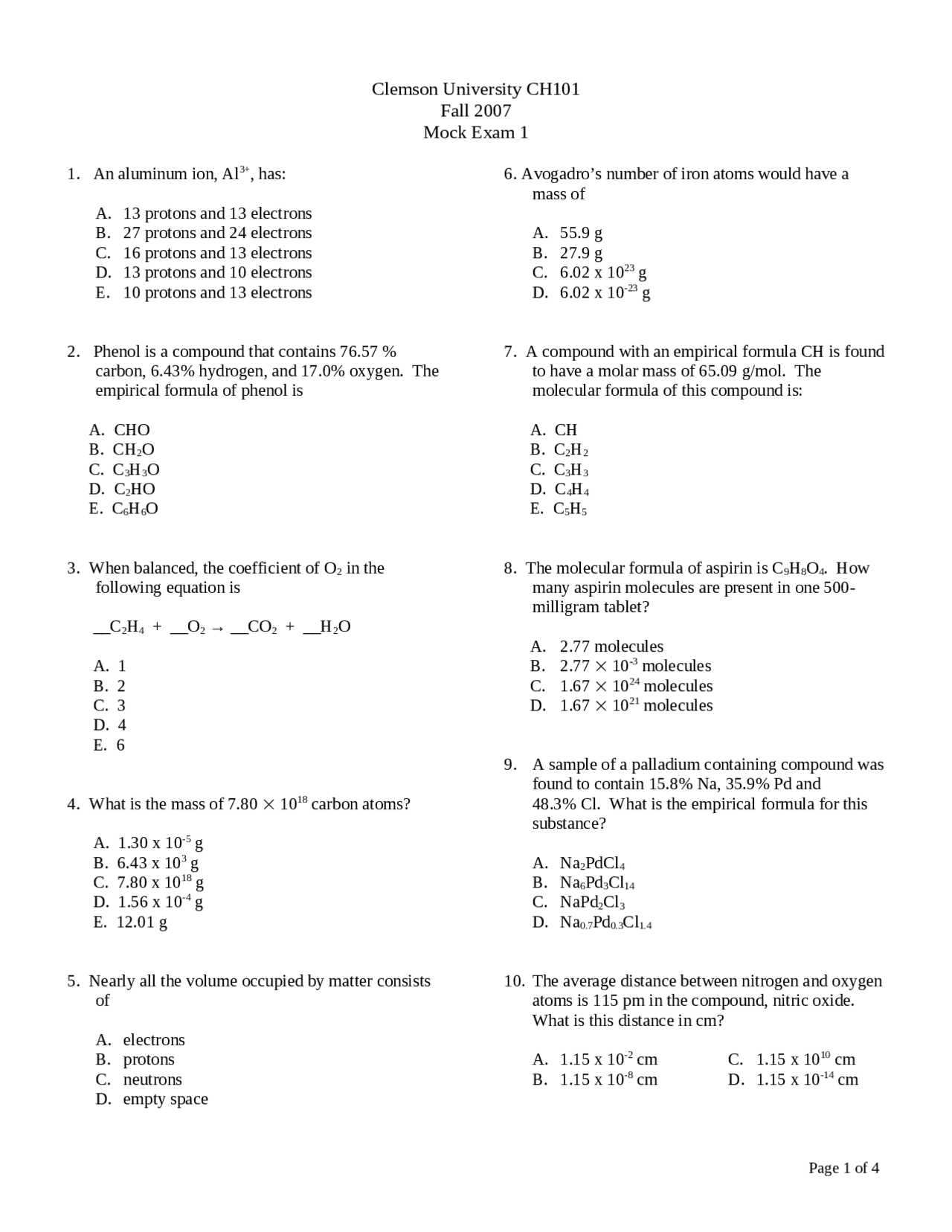 26 Multiple Choice Questions - General Chemistry | CH 101 | Exams ...