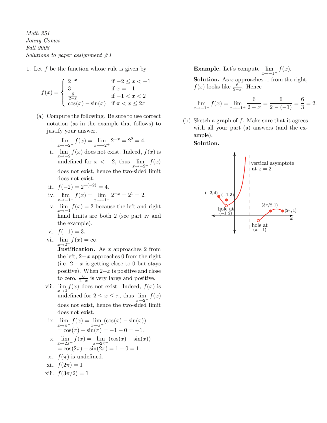 Solutions for Paper Assignment 1 - Calculus I | MATH 251 - Docsity