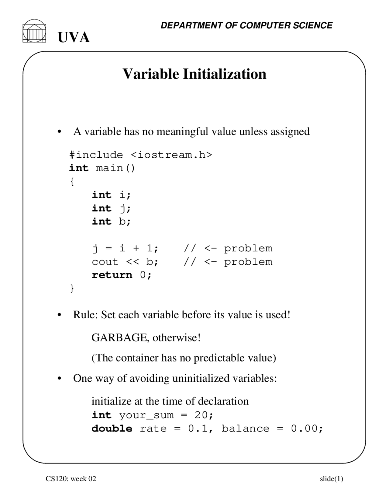 Variable Initialization - Lecture Slides | CS 1020 - Docsity