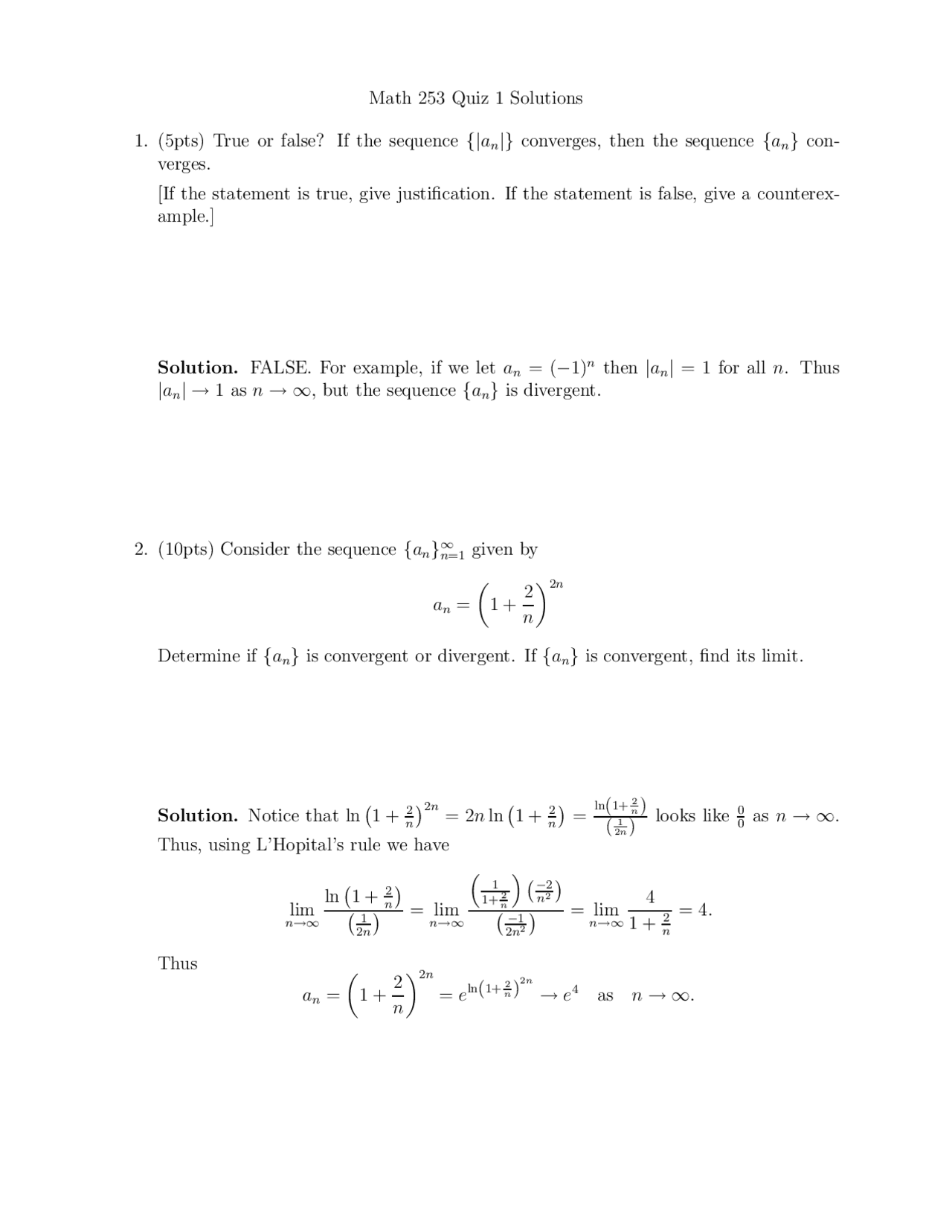 Solved Questions for Calculus III - Quiz One | MATH 253 - Docsity