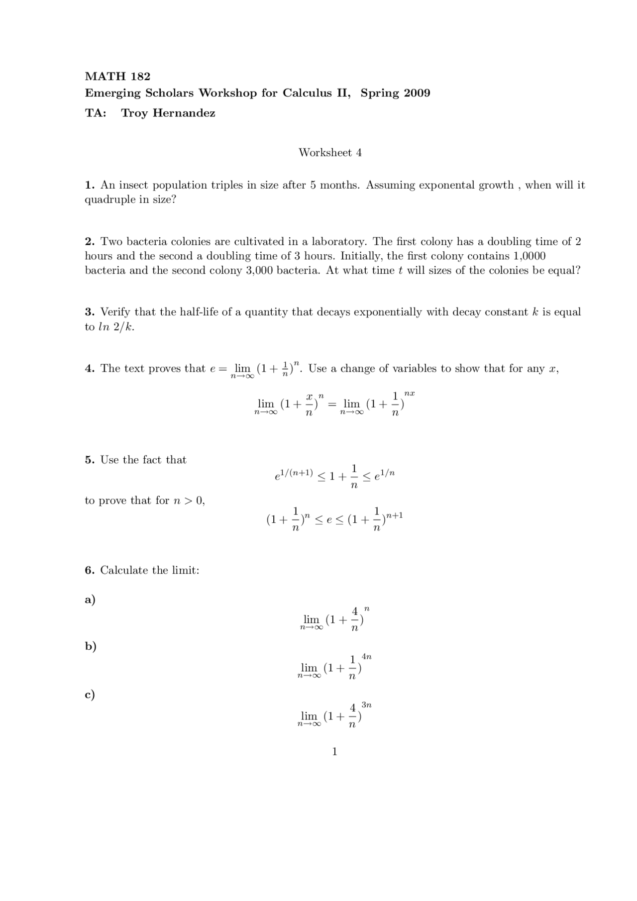 MATH 182: Emerging Scholars Workshop Calculus II - Worksheet 4 | Lab ...