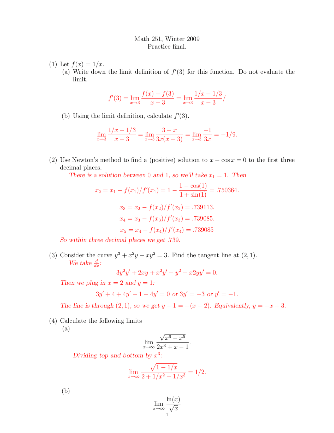 Practice Final Exam with Answers - Calculus I | MATH 251 - Docsity