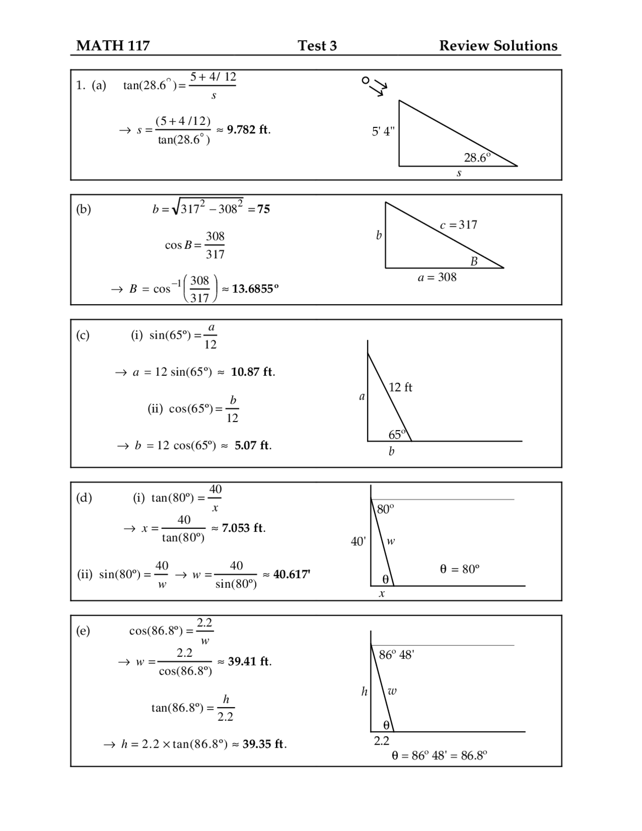 Trigonometry - Review Solutions for Test 3 | MATH 117 - Docsity