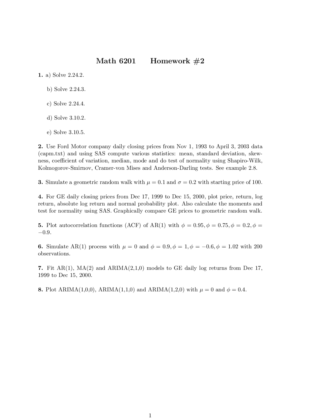 Homework 2 Questions - Statistic Technique in Finance | MATH 6201 - Docsity