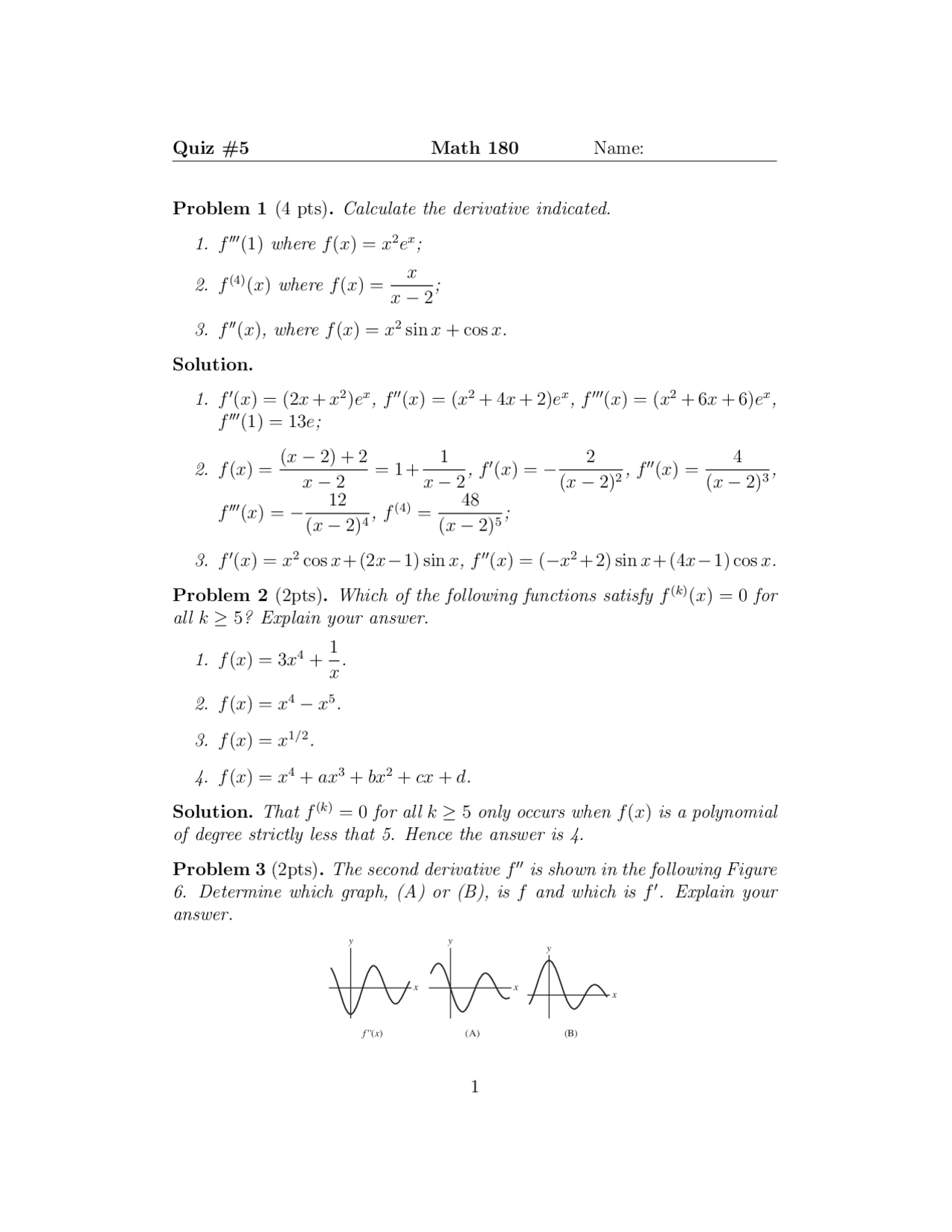 Quiz 5 with Solutions - Calculus I | MATH 180 - Docsity