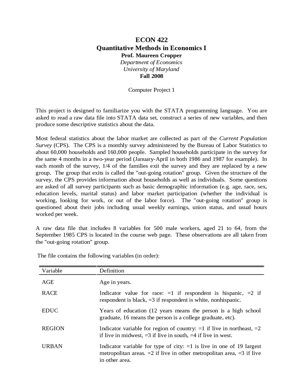 STATA Programming Language - Computer Project 1 | ECON 422 - Docsity