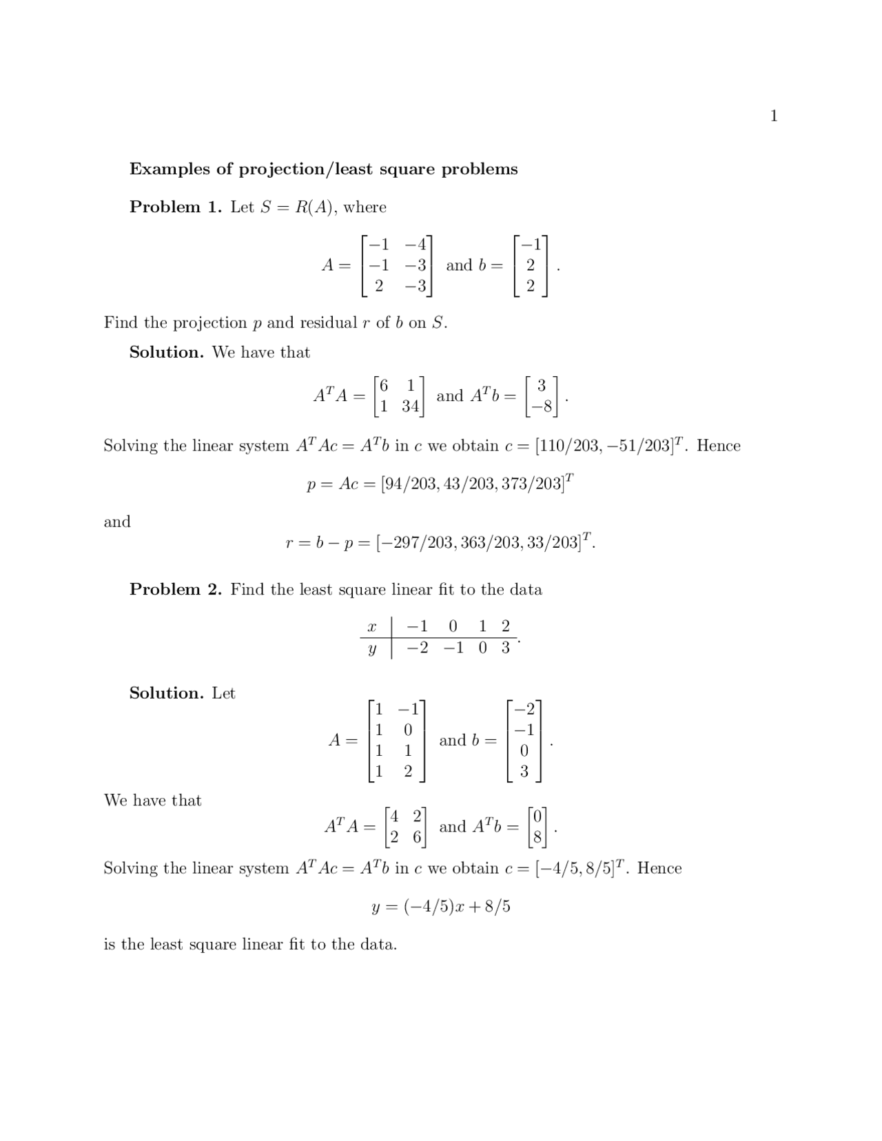 Projections and Least Square Problems Solutions Practice Exam