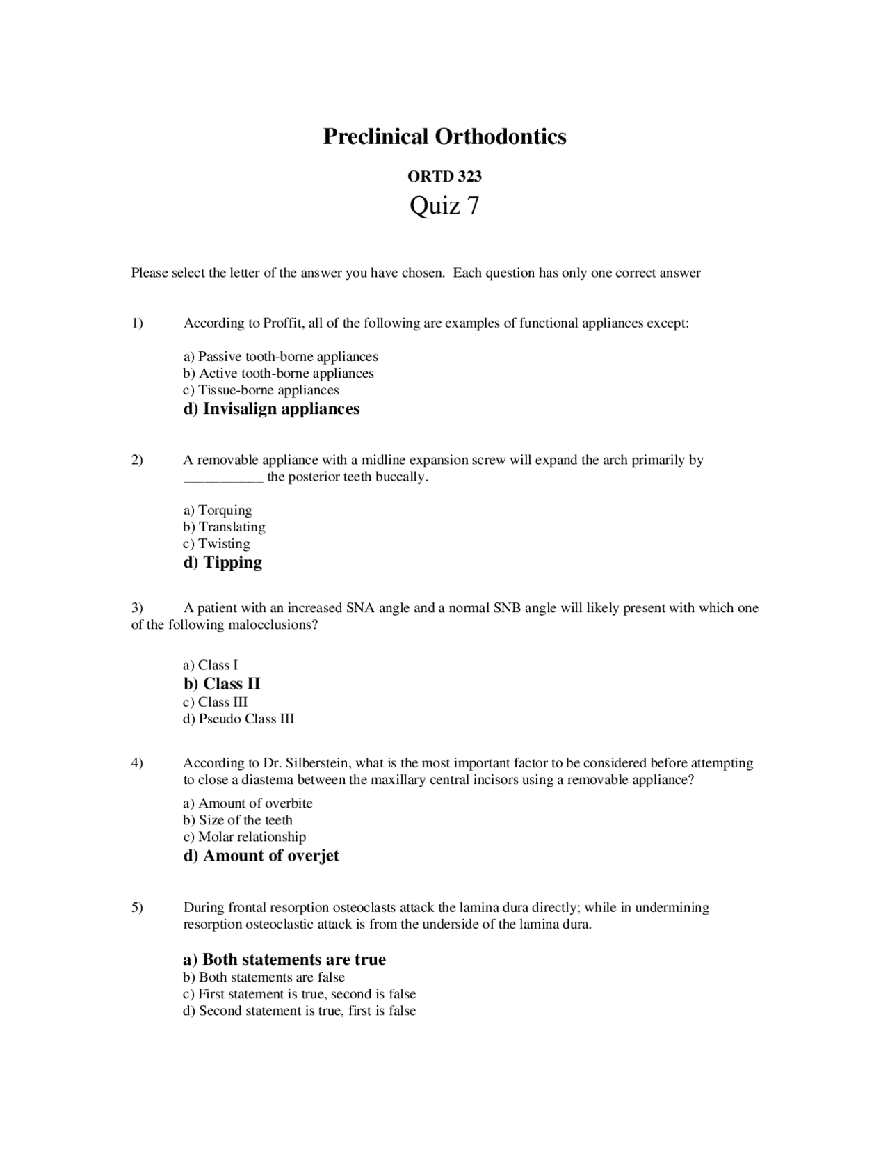 5 MCQs with Answer for Quiz 7 - Preclinical Orthodontics | ORTD 323 ...