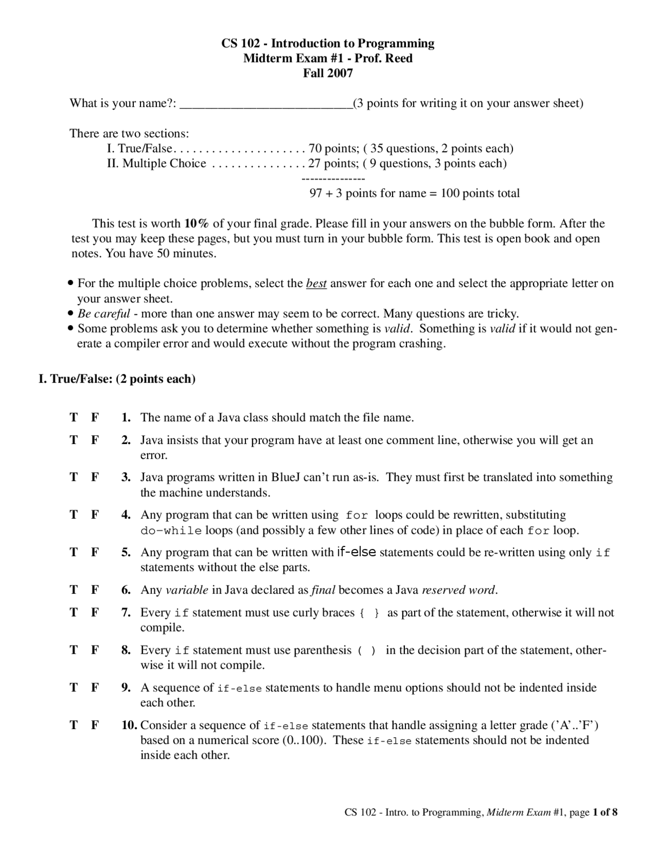 Sample Midterm Exam 1 - Introduction to Programming | CS 102 - Docsity
