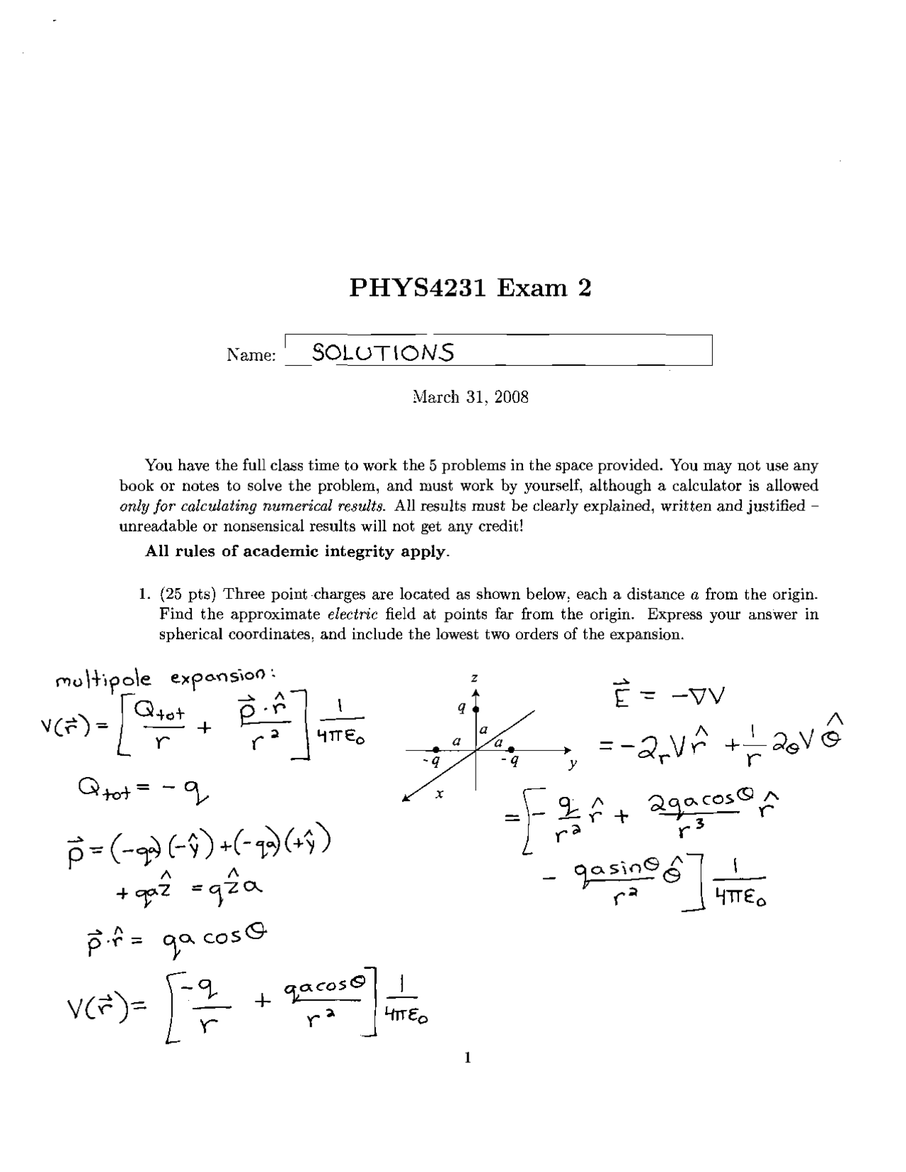 Final Exam with Solutions for Electromagnetic Theory I | PHYS 4231 ...