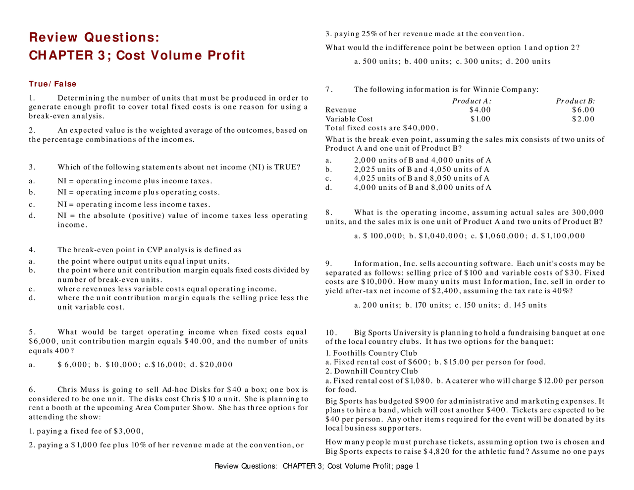 Cost Volume Profit – Review Questions | ACTG 594 | Study notes ...