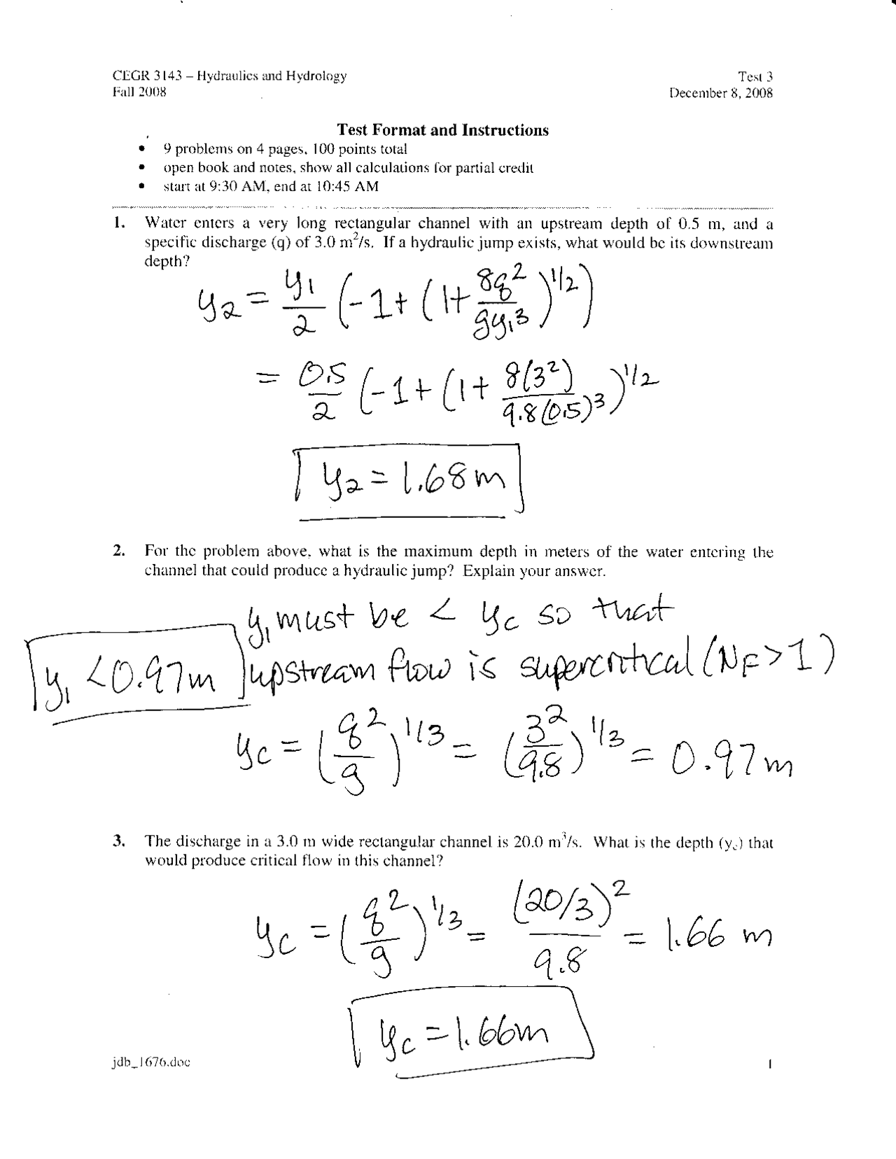Past Test 3 on Hydraulics and Hydrology with Resolution | CEGR 3143 ...