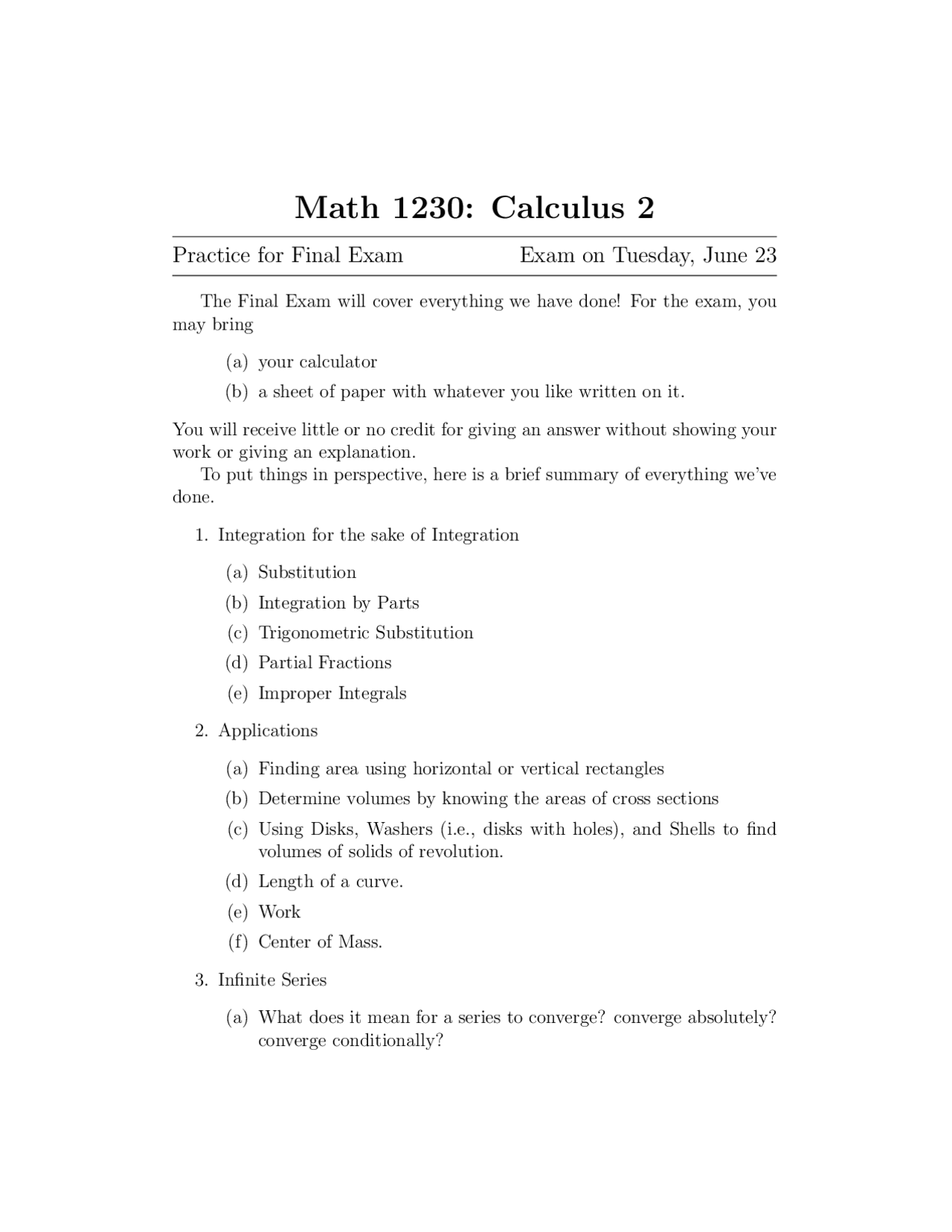 Questions on Calculus II for Practice Final Exam | MATH 1230 - Docsity