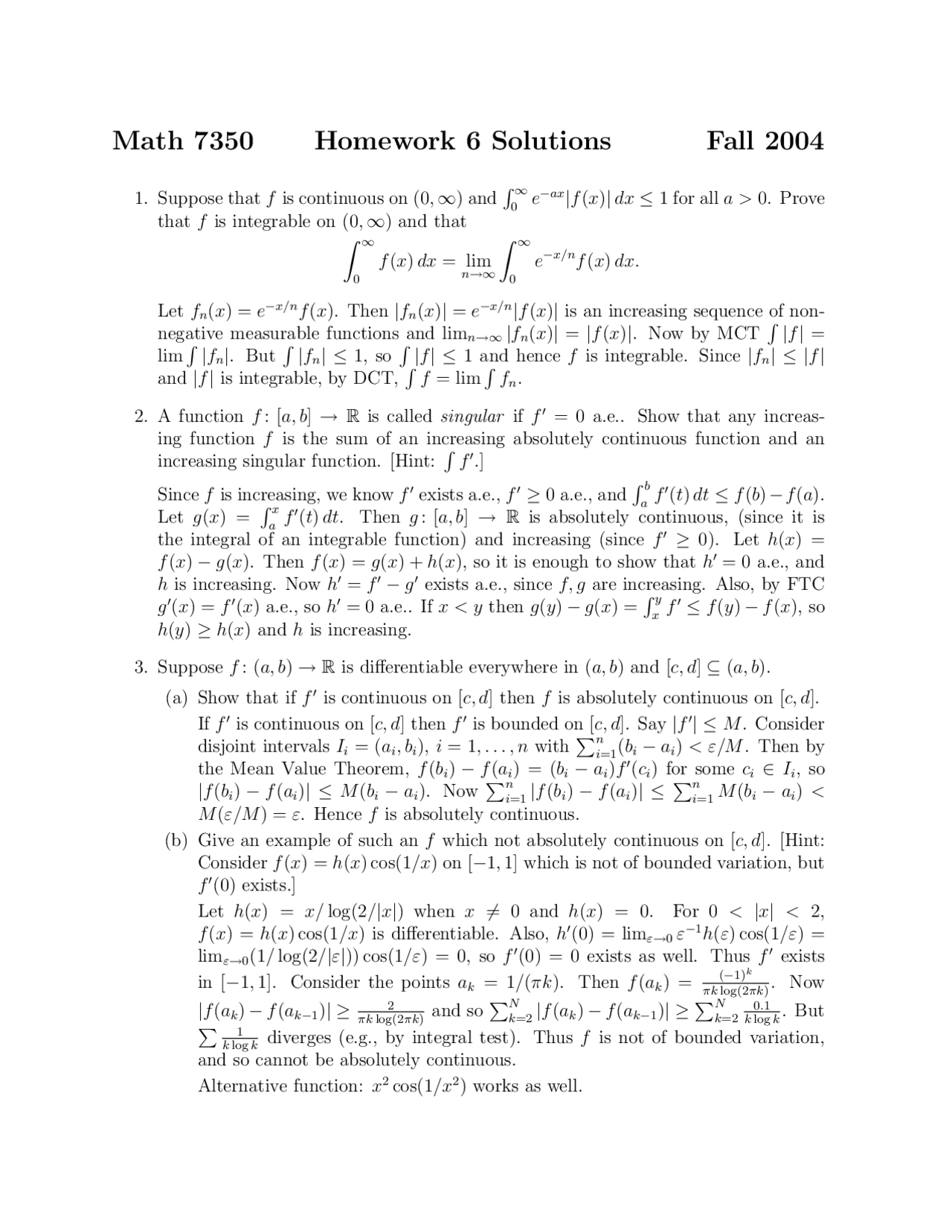 5 Solved Problems on Real Variables l - Homework 6 | MATH 7350 - Docsity