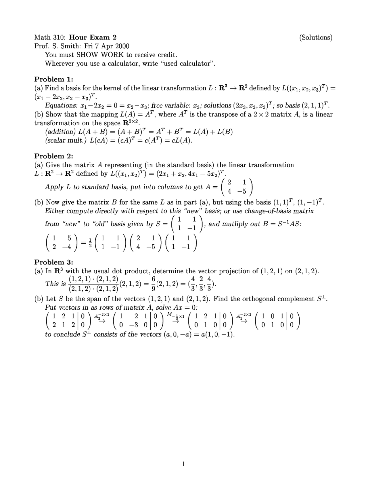 Lesson 2000 Math Problems Exam 2 with Solutions - Applied Linear Algebra - Fall 2000 | MATH 310 ...