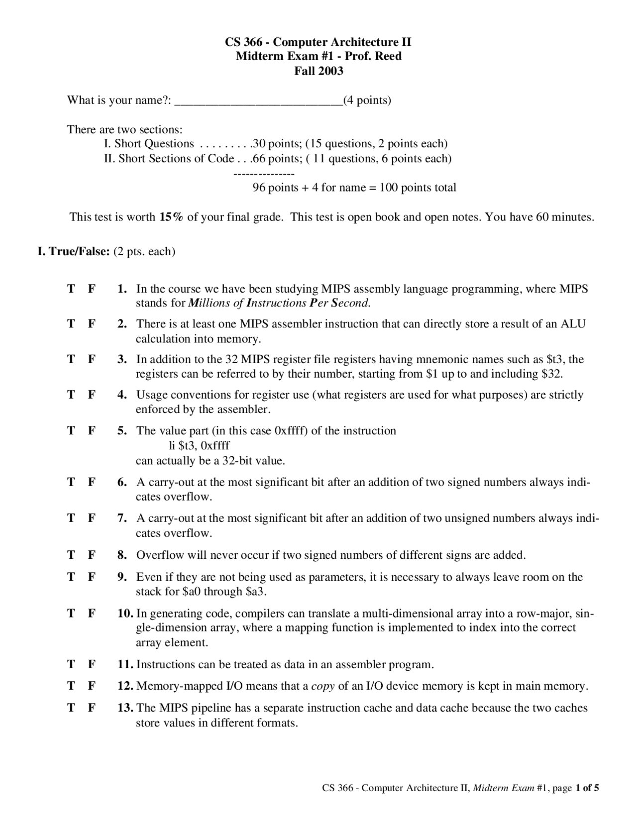 Midterm Exam 1 - Computer Architecture II: Hardware-Software Interface ...