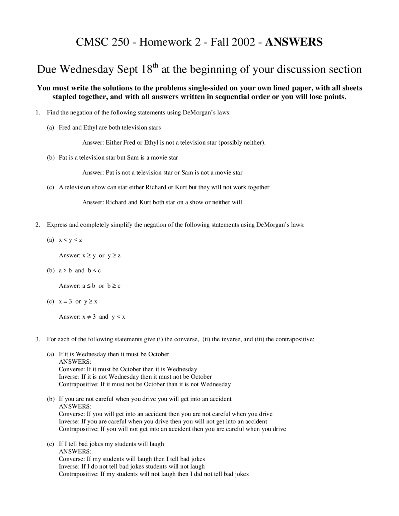 Homework 2 With Answers Discrete Structures Cmsc 250 Docsity Homework 2 With Answers Discrete Structures Cmsc 250 Docsity