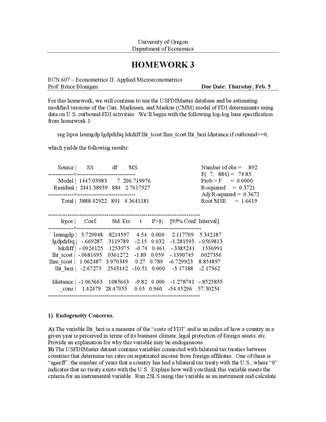 Endogeneity Concern and Fixed Effect Estimators Assignment 3 EC 607