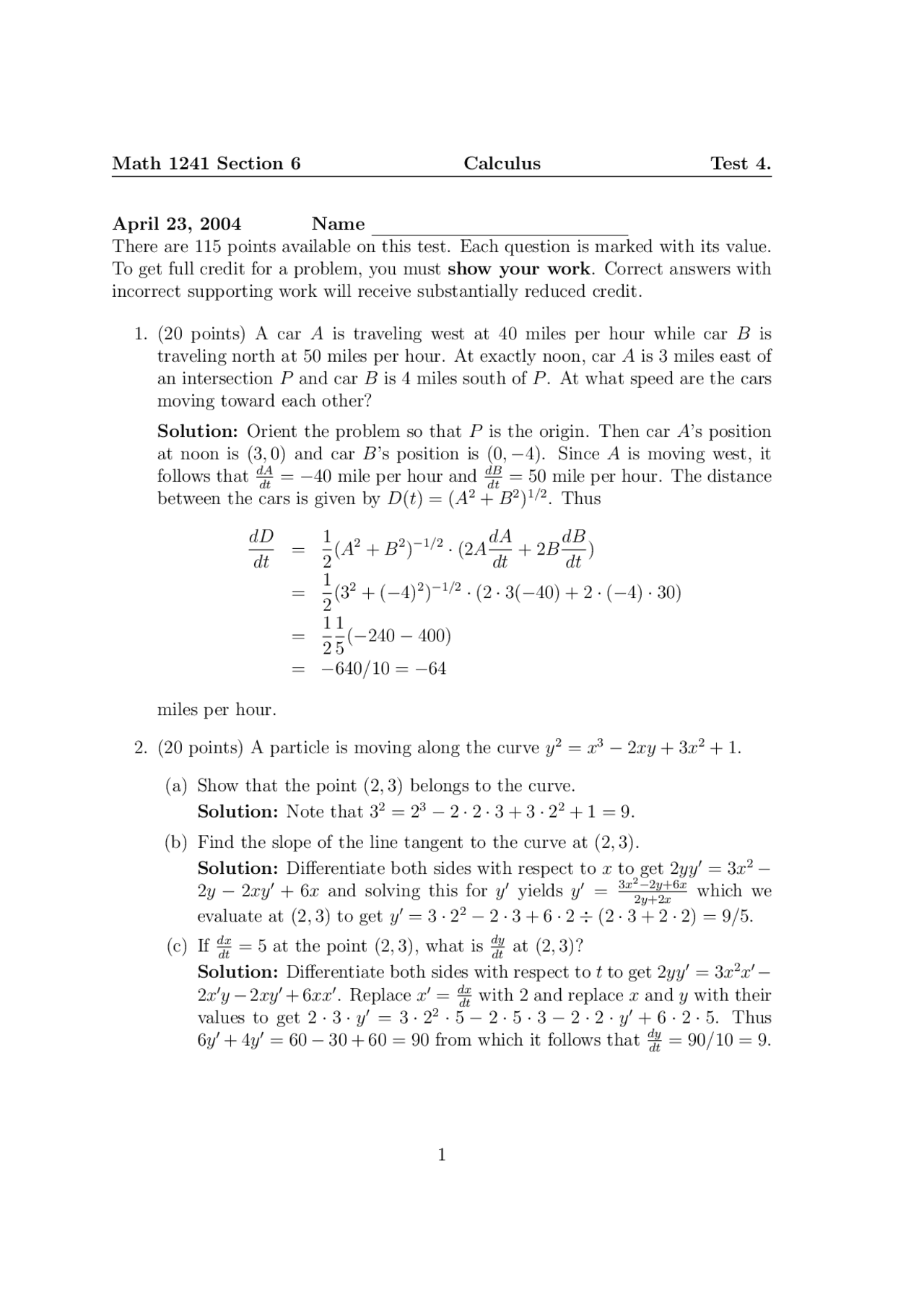 Practice Exam Questions - Calculus I | MATH 1241 - Docsity
