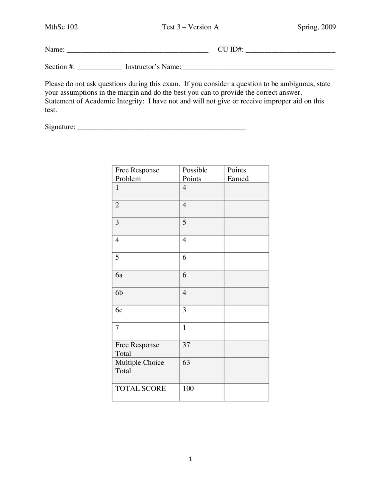 College Test Math Answer Key Introduction Math Analysis Test with Answer Key | MTHSC 102 - Docsity