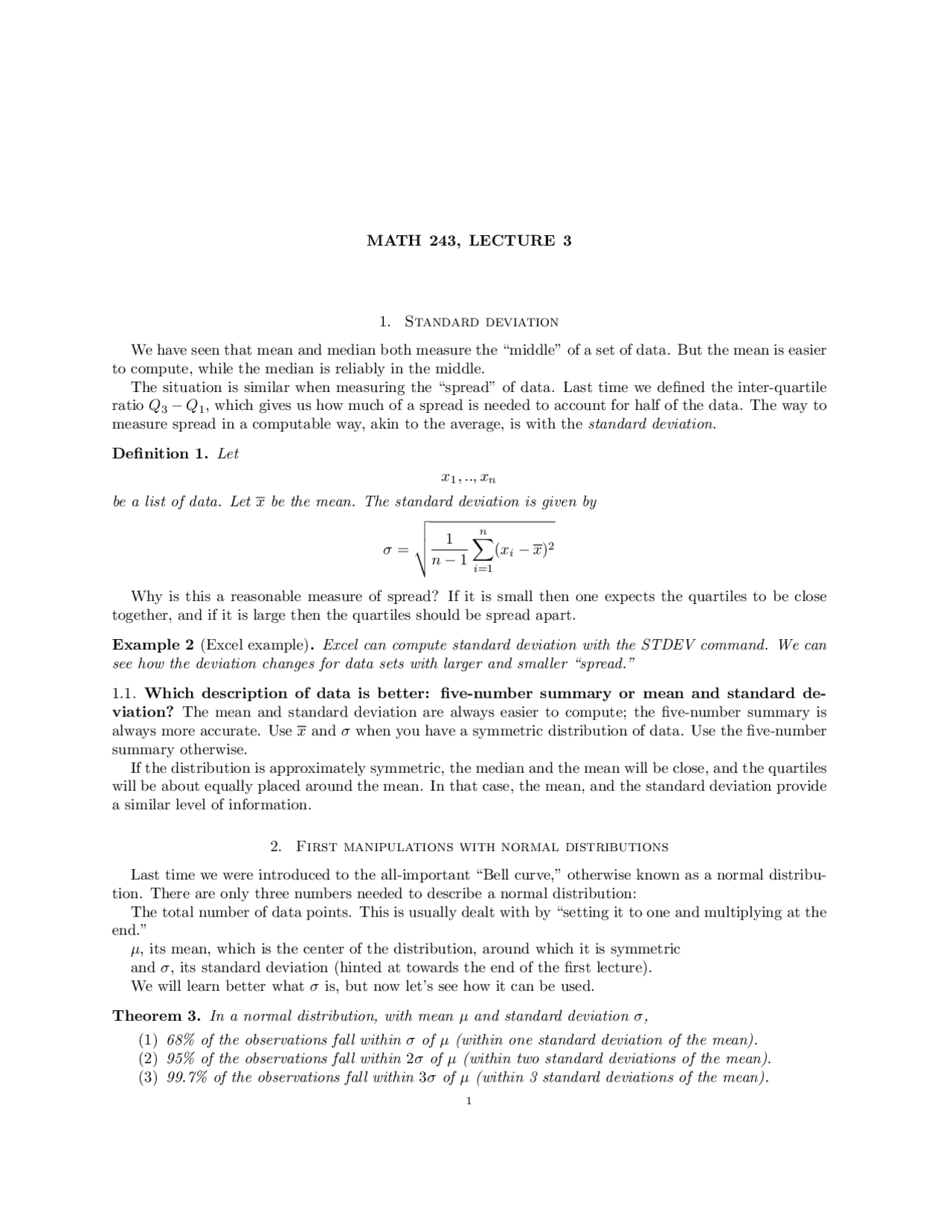 Lecture Notes on Standard Deviation MATH 243 Docsity