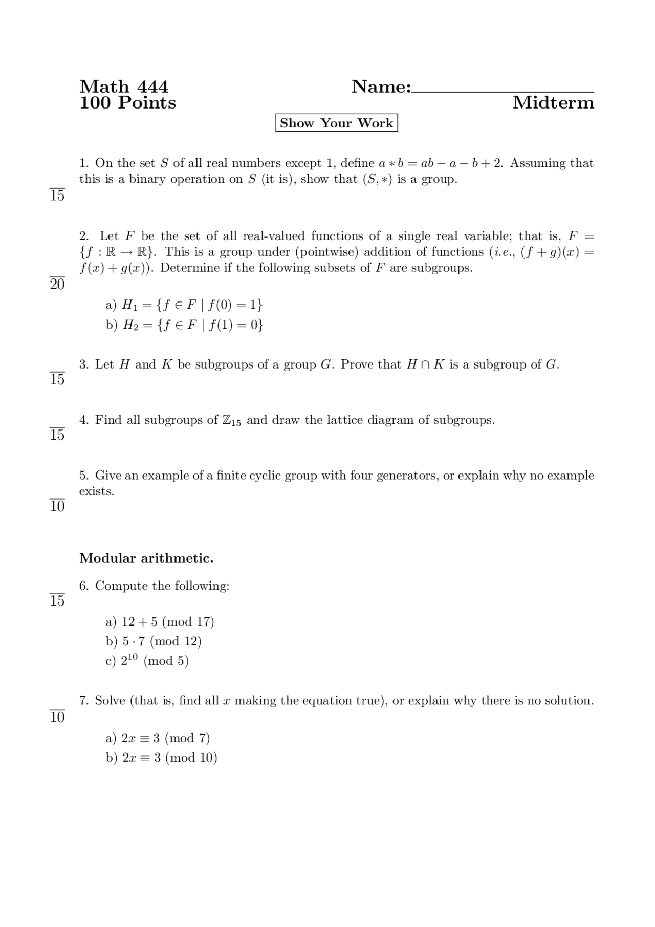 Math Abstract Example Exam Midterm Exam for Introduction to Abstract Algebra | MATH 444 - Docsity