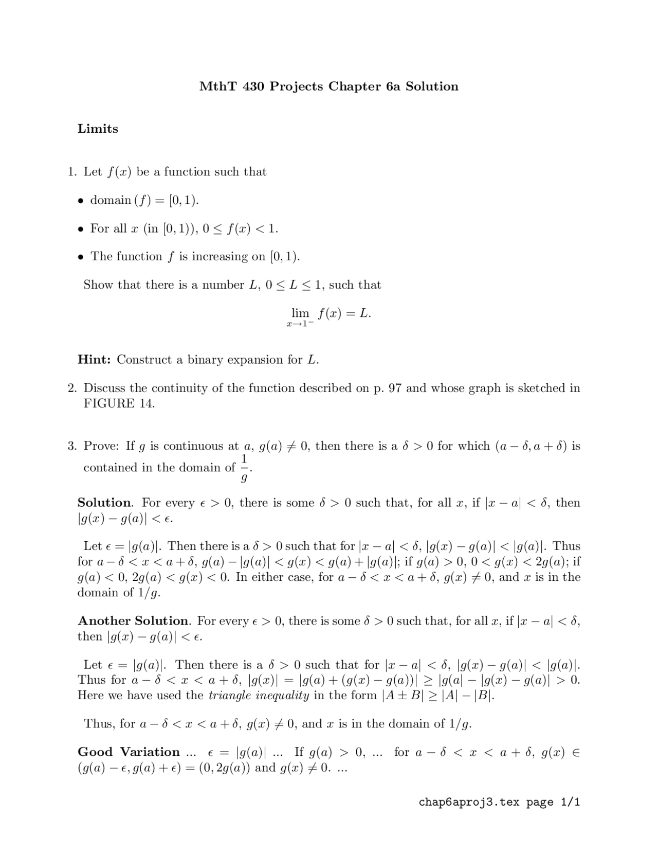 Project Questions on Mathematical Analysis for Teachers I with Answers ...