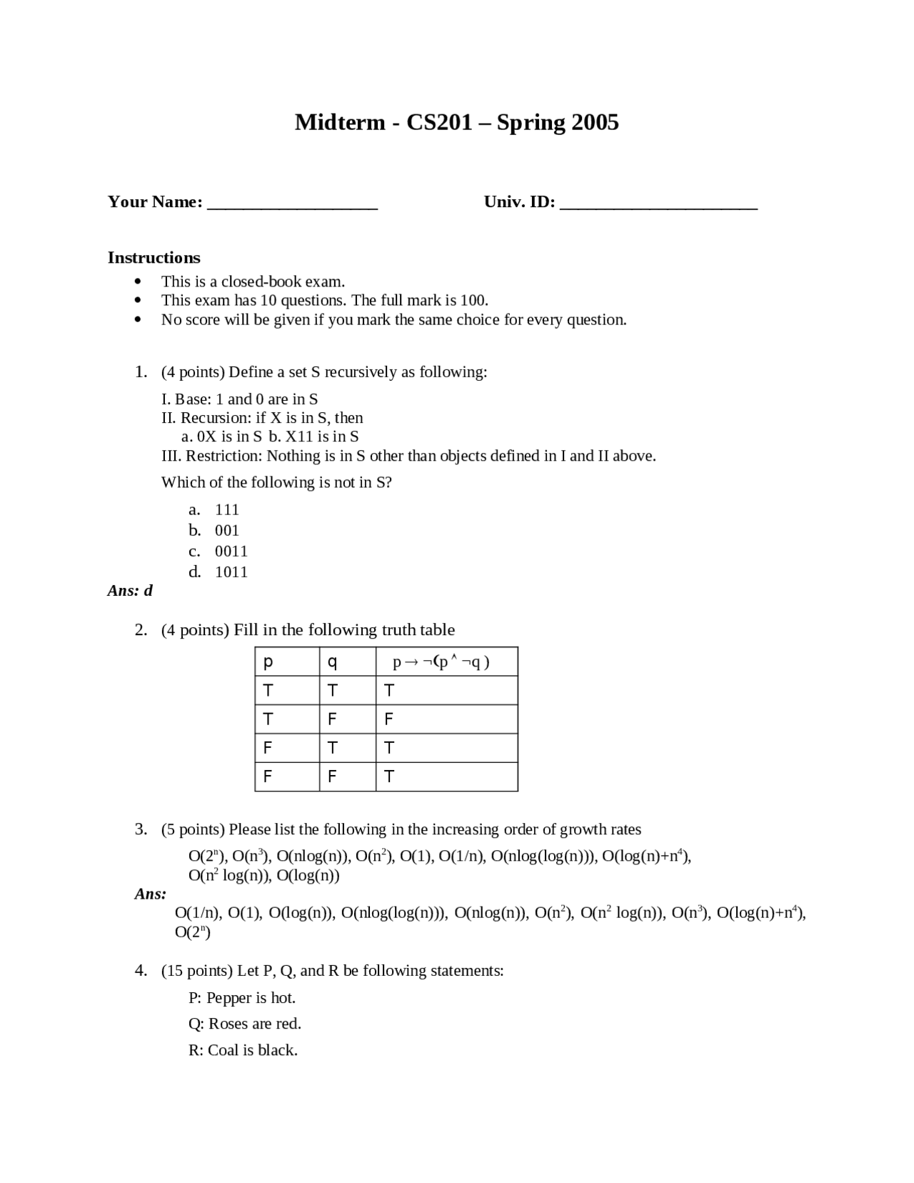 Cs Exam Math Question Data Structures and Discrete Mathematics I - Midterm Exam Answers | CS ...