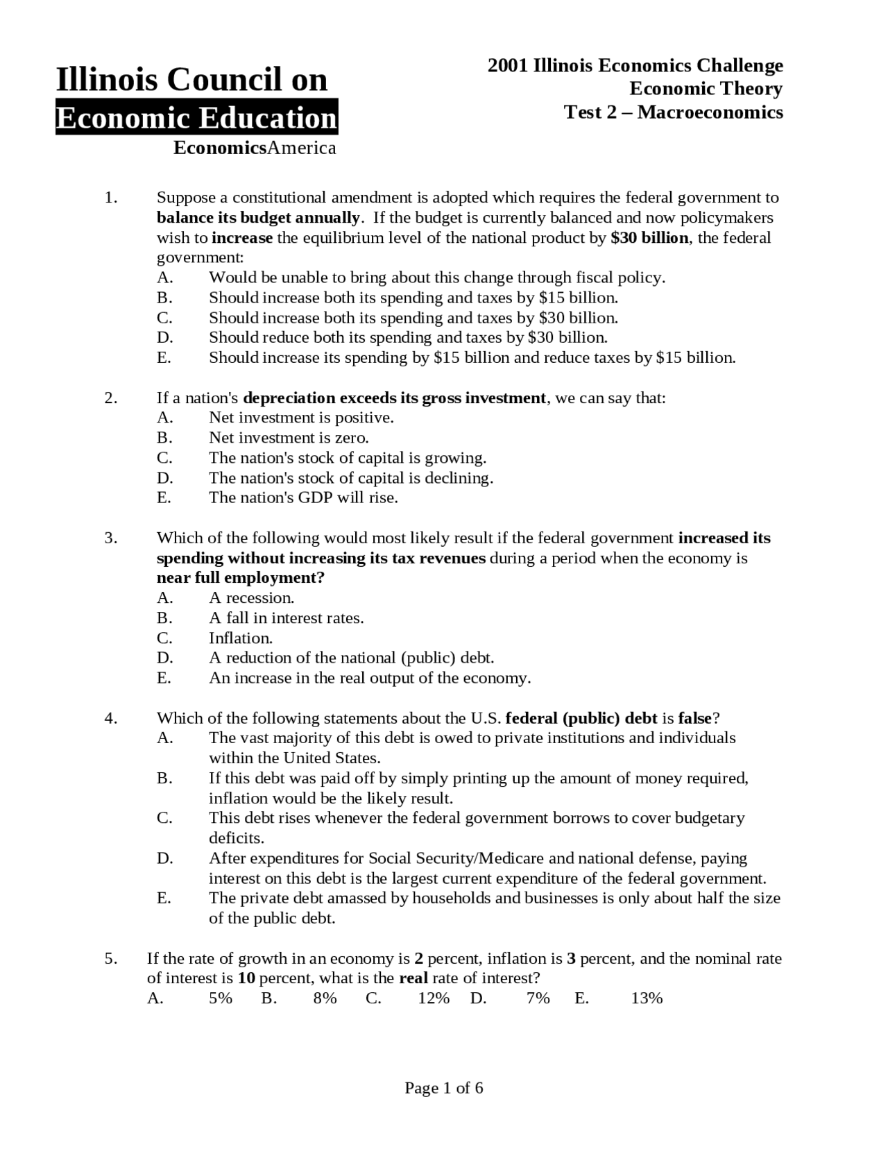 30 MCQs on Principles of Macroeconomics with Answer Key | ECON 121 ...